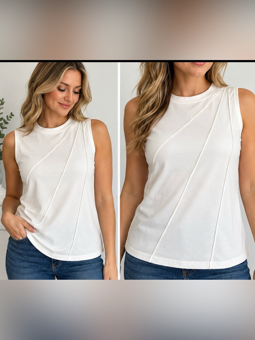 🤍 Women’s Size L Ivory/White Sleeveless Top – Unique Seamed Detail